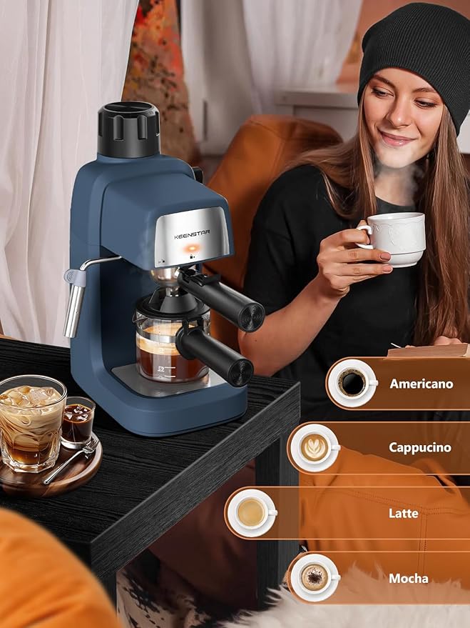 KEENSTAR 3.5Bar Espresso Machine with Milk Frother, 800W Compact Espresso and Cappuccino Machine with Preheating Function, 4 Cup Espresso Maker for Cappuccino or Latte, Gift for Coffee Lover Update