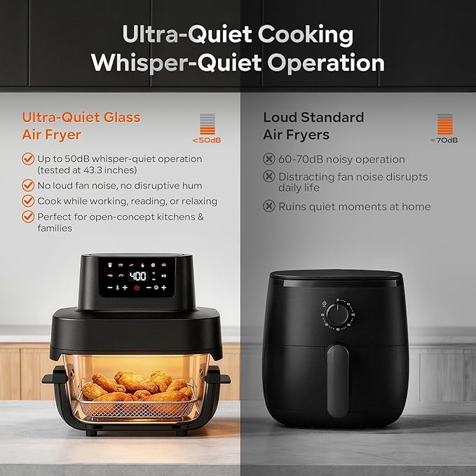 Glass Air Fryer Non Toxic, 6.3QT & 4.4QT Air Fryer with Dual Glass Baskets with Lids, 8-in-1 Portable Air Fryers Cristal, PFOA & PFAS-Free, Dishwasher Safe, Ideal Kitchen Gift