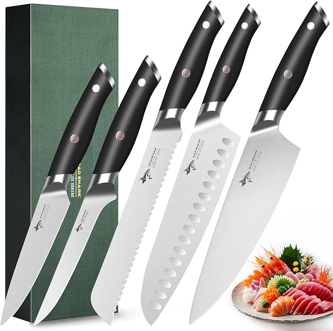 MAD SHARK Kitchen Knife Set, Professional Kitchen Knives 5PC Chef Knife Sets, German High Carbon Stainless Steel, Ultra Sharp Cooking Knives with Gift Box