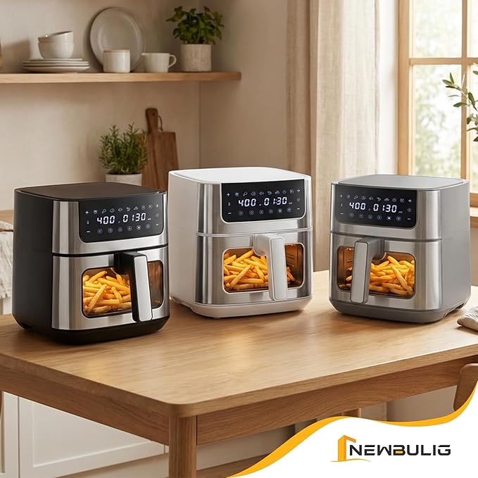 NEWBULIG Air Fryer 6.34QT, Airfryer with Visible Window, 400℉ Fast Heating Air Fryers Oven with Nonstick and Dishwasher-Safe Basket, 8-in-1 Cooking Preset, Timer，Auto-Off, Stainless Steel, White