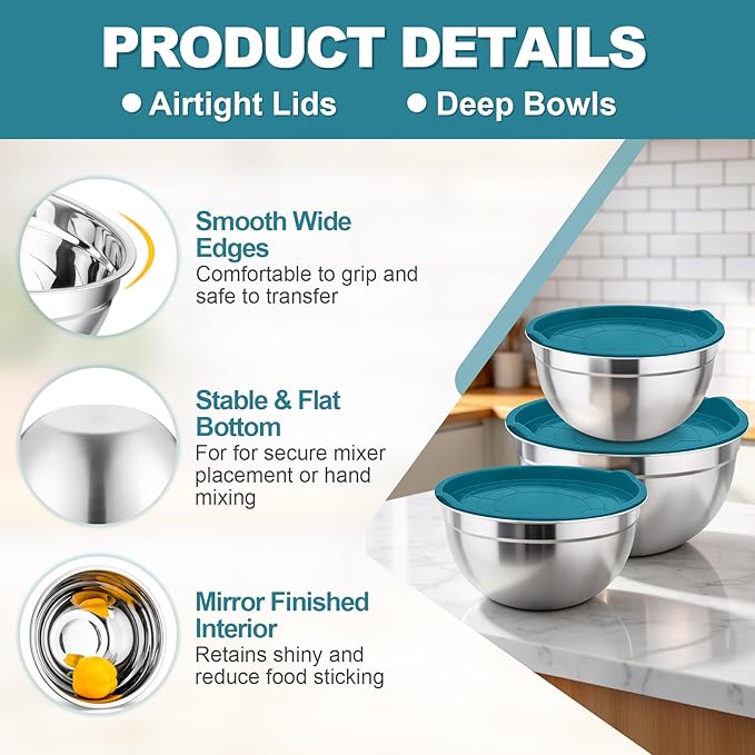 TeamFar Mixing Bowls, Stainless Steel Nesting Salad Bowls with Airtight Lids Set, For Serving/Mixing/Storing, Healthy & Heavy-duty, Dishwasher Safe & Easy Clean, 4.6/3 / 1.5 QT, Navy Blue