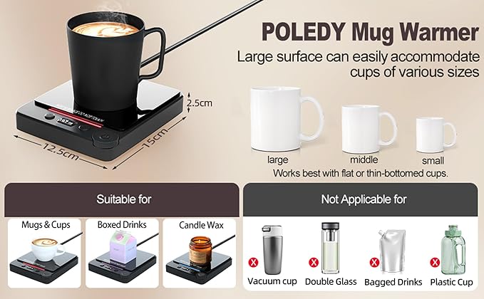 Fast Heating Coffee Mug Warmer,POLEDY Auto Shut Off Cup Warmer, Electric Beverage Warmer for Tea, Milk, Cocoa with 2-12H Timer, 3-Temp Settings Candle Warmer Plate, Black Smart Candle Melter