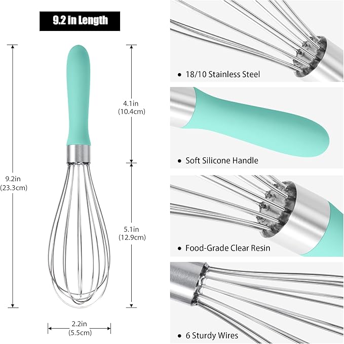 18/8 Stainless Steel Balloon Whisk, Doosu Kitchen Whisk for Cooking Handheld Egg Beater with Rust-Proof Sturdy Wires & Non-Slip Silicone Handle for Beating, Stirring, Blending (6 Wires, Aqua Sky)
