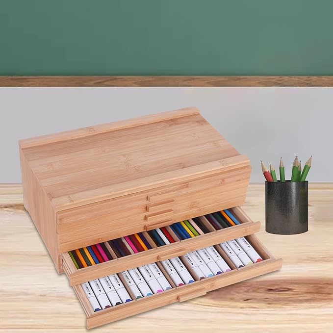Vencer 6 Drawer Bamboo Artist Supply Storage Box with Separate Compartments for Organizing Pencil,Pen,Pastel,Marker Set,Brushes & Stamp,VAO-007