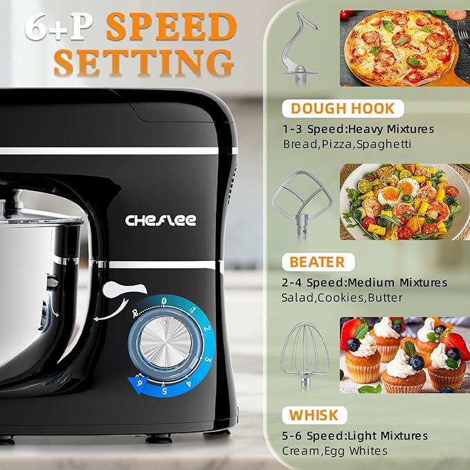 CHeflee Multifunctional Stand Mixer,660W, 6.5QT With Meat Grinder, Vegetable Slicer &1.5L Juice Blender,for Most Home Cooks,Black