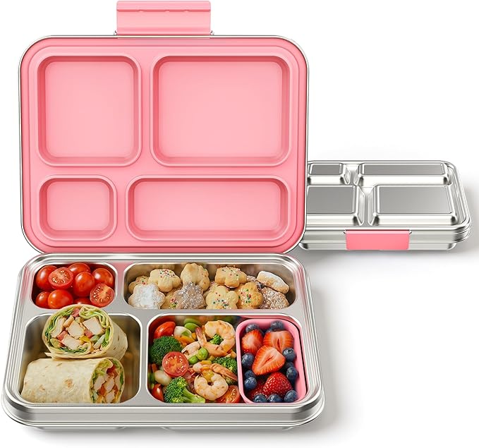 Stainless Steel Bento Box, 4-Compartment Metal Lunch Box with Removable Silicone, Lunch Container for Kids & Adults with Silicone Inner Container, School, Office, Dishwasher Safe(Pink)