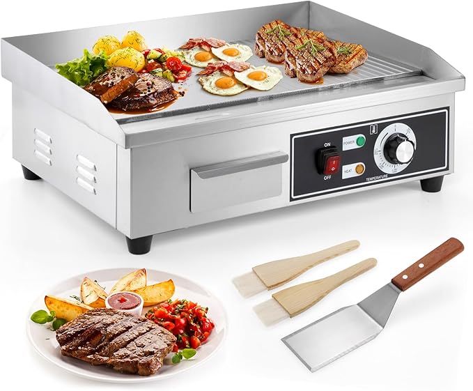 IRONWALLS Electric Griddle Nonstick 22 Inch, Stainless Steel Commercial Griddle for Indoor & Outdoor, 2-IN-1 Half Flat Top Griddle Grill for Restaurant & Home, 122℉-572℉ Adjustable Temperature