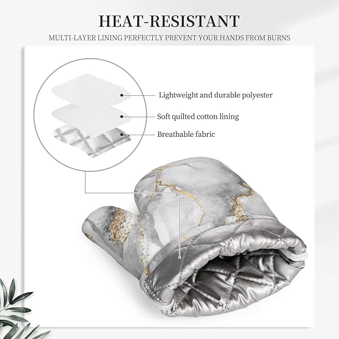Marble Gold Gray Fashion Oven Mitts and Pot Holders Sets of 4, Heat Resistant Silicone Oven Mittens and Potholders Gloves Hot Pads for Kitchen Cooking Baking Grilling BBQ Chef