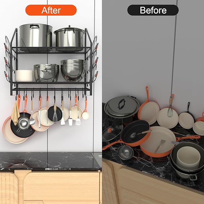VyGrow 28 Inch Pot Rack Wall Mounted, 2 Tier Pots and Pans Organizer with 20 Hooks and 6 Pot Lid Holders, Heavy Duty Steel Pot and Pan Hanger for Kitchen Cookware Utensils Storage 34.7" Lx13 Wx26.4 H