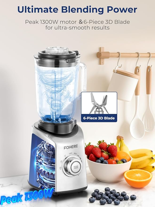FOHERE Professional Blender Peak 1300W, Countertop Blender with 3 Presets＆ 5 Speeds for Smoothies, Shakes, and Frozen Drinks, 50 Oz Glass Jar ＆20 Oz Tritan Jug