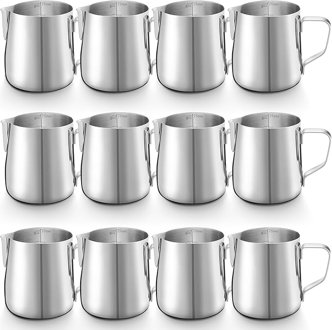 Honeydak 12 Pcs Milk Frothing Pitcher 304 Stainless Steel Steaming Pitchers for Coffee Bar Cappuccino Barista Tools Milk Jug Steamer Frother Cup (8 oz)