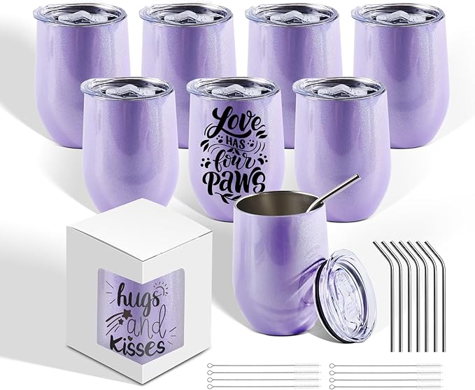 BetterSub 8 Pack 12oz Glitter Purple Wine Tumblers - Double Wall Insulated Sublimation Blanks, Stainless Steel Cups With Lid, Metal Straw, Brush, Display Box (Glitter Purple)
