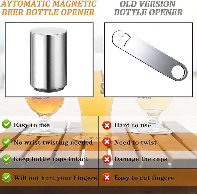 2PCS Pop-the-Top Beer Bottle Opener, Metal Automatic Magnetic Glass Bottle Cap Openers, Wine Bartender Tool Cap Catcher for Bar, Party, Wine Ceremony, Restaurant Household Utensils, Easy to Use-Silver