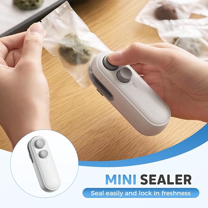 Mini Bag Sealer, Upgraded 2 in 1 Mini Bag Sealer with Cutter and Magnet, Magnetic Portable Plastic Bag Sealer for Snacks, Chips, Food Freshness Storage (1, White)