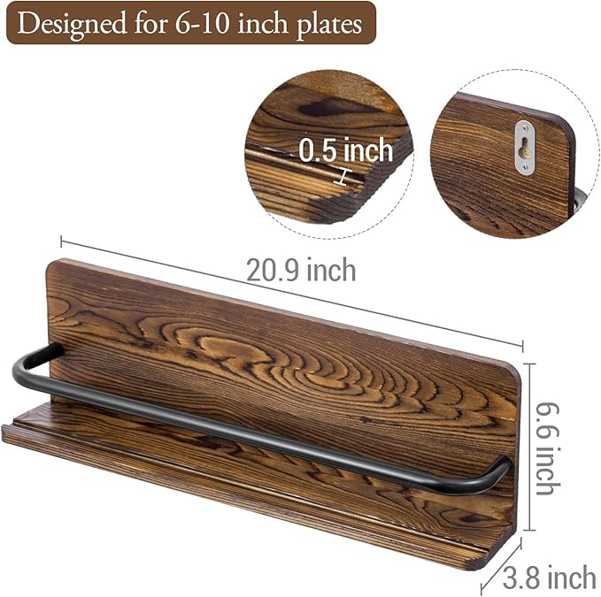 MyGift Plate Wall Hangers for Display, Set of 3 Wall Mounted Plate Rack for 6 to 10 Inch Plates, Decorative Wood Stand Shelf and Black Metal Rack Decor Hangers