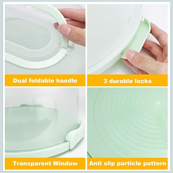 Cake Carrier with Lid and Handle, Fit 10’’ Cake Stand with Lid, Cake Transport Storage Container, Cake Containers Cover Stand with Lids, 3 Secure Side Closures (Green)