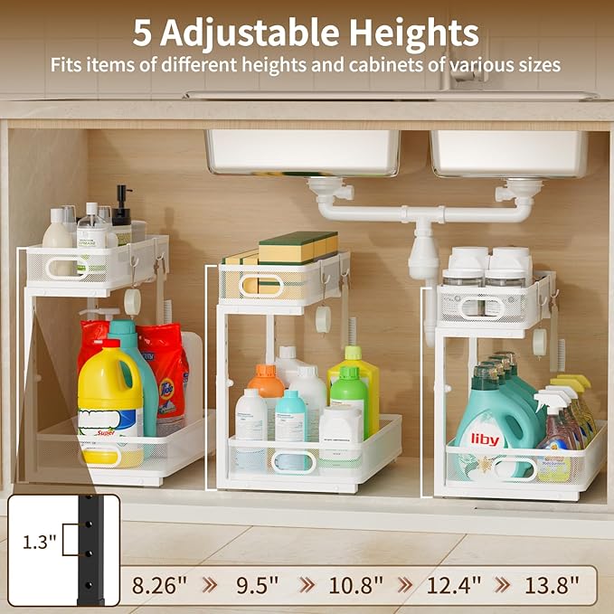 Under Sink Organizer 1 Pack, 2-Tier Slide Out Cabinet Organizer with Metal Sliding Drawer and Hooks, Pull Out Storage Baskets for Kitchen Bathroom Pantry Cabinet Organization (White (1 pack))