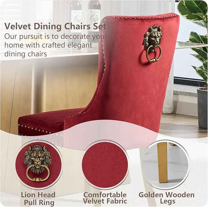 Velvet Dining Chairs Set of 6, Modern Tufted Dining Room Chair, Upholstered Dining Chairs with Lion Head Pulls Ring and Golden Solid Wood Legs, Luxury Kitchen Chairs for Dining Room, Burgundy