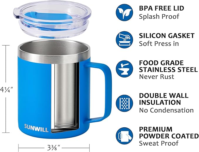 SUNWILL Insulated Coffee Mug with Lid, Travel Tumbler with Handle, 14 oz Stainless Steel Cup for Camping, Office, Home, Powder Coated Royal Blue