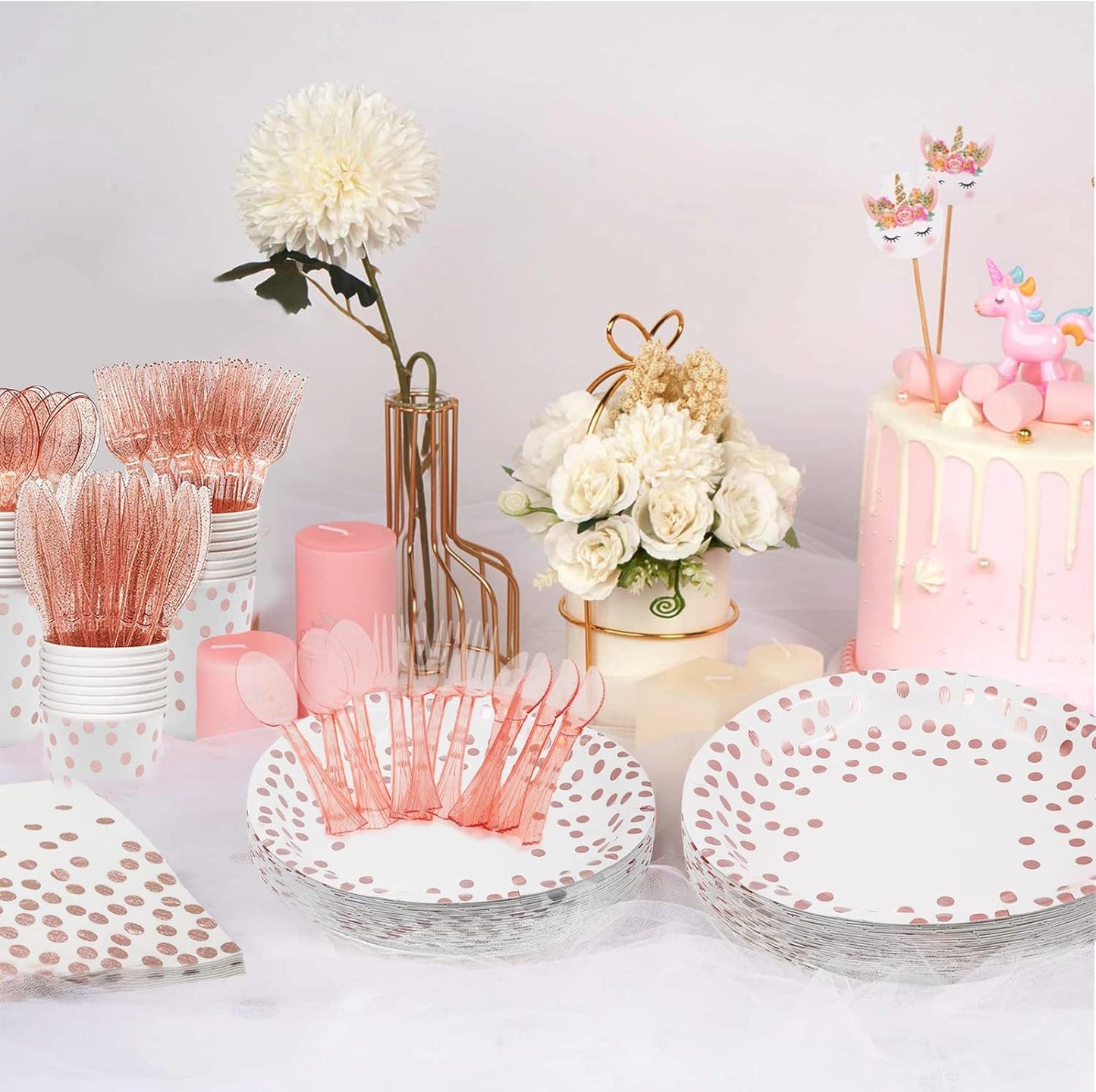AIRE 175Pcs White Rose Gold Paper Plates Dinnerware Sets for 25 Guests, Party Supplies Disposable Paper Party Plates Napkins Cups Plastic Forks Knives Spoons For Birthday Baby Shower Wedding New Year