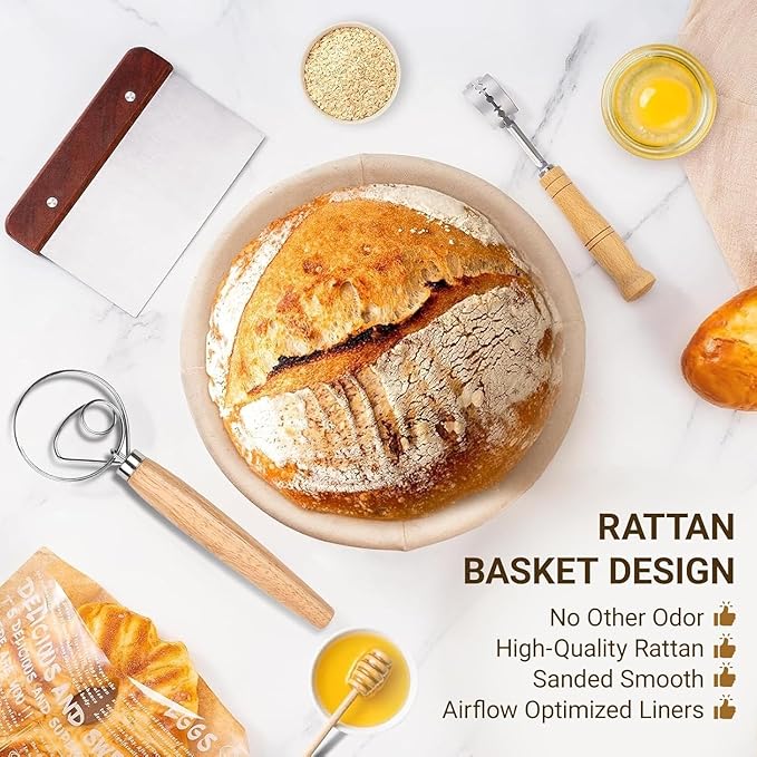 9 Inch Round Sourdough Proofing Basket, 7-Piece Complete Starter Kit with Linen Liner & Baking Tools, Bread Baking Supplies & Accessories Gift Set, Local Warehouse Shipment (1 Pack)