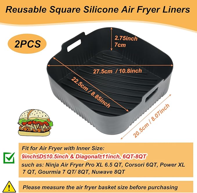BYKITCHEN 9 Inch Square Silicone Air Fryer Liners for 6 to 8QT, Set of 2, Reusable Silicone Airfryer Tray Insert, Air Fryer Accessories for Corsori 6QT, Ninja Airfryer Pro XL 6.5QT, Gourmia & More