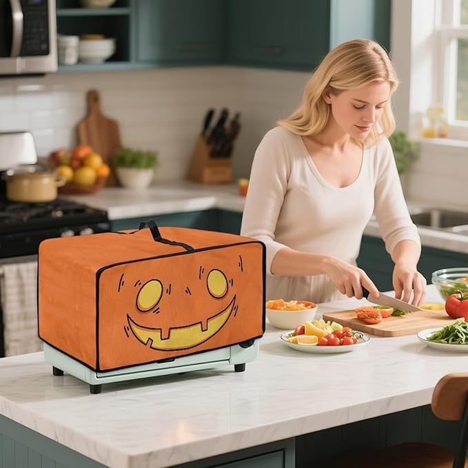 Air Fryer Toaster Oven Cover Fabric Convection Oven Cover with Pockets, Washable Small Appliance Dust Protection, L, Cartoon Pumpkin Face Pattern Halloween Decor