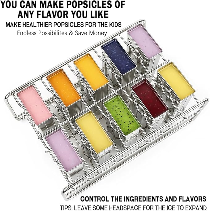 Popsicle Molds Set 10 Pieces Stainless Steel Popsicle Maker, Homemade Popsicle Molds with 100 Sticks, 20 Bags, 22 Silicone Seals, 1 Cleaning Brush & 1 Stand, Ice Pop Mold Maker for Kids (Square)