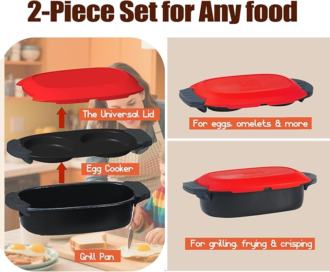 MKYSAIL Quick-Heat Microwave Egg Cooker and 33 OZ Microwave Grill Combo | 2-Piece Breakfast Maker Set for Grilling, Frying, Crisping Meat, Bacon, Pancakes & Veggies | Dishwasher Safe & Non-Stick for Kitchen RV, Dorm, Office(Red)