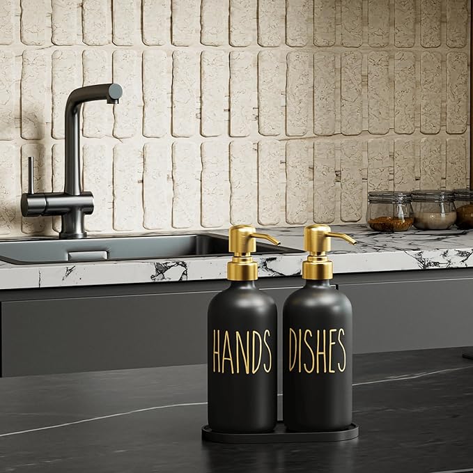 MOMEEMO Kitchen Soap Dispenser Set, Contains Hand and Dish Soap Dispenser, Suitable for Black and Gold Kitchen Decor. (Black & Gold)