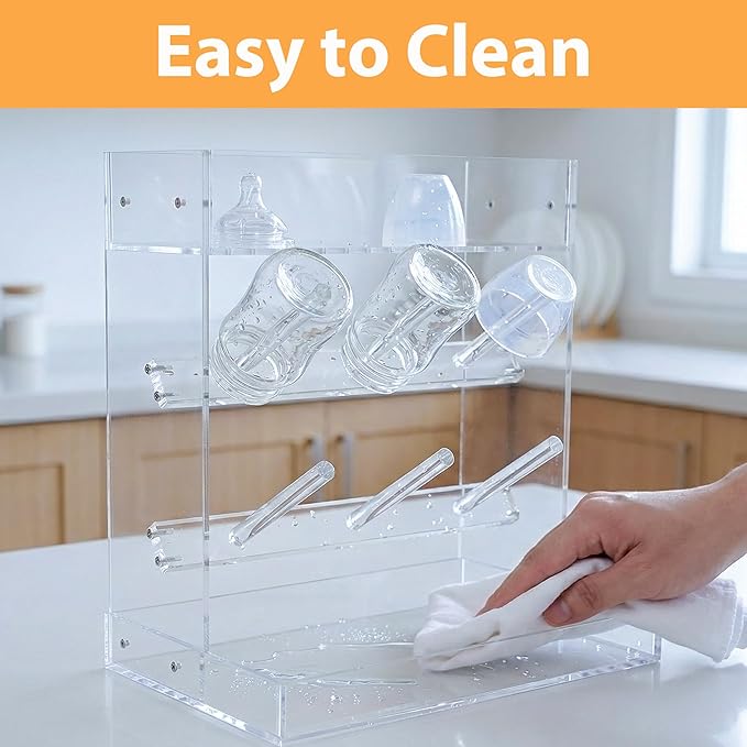 Baby Bottle Drying Rack Space Saving Acrylic Vertical Bottle Dryer Rack with Drip Tray - Clear Kitchen Countertop Storage Organizer–Fast Drying and Easy Cleanup - 10.3 x 6.3 x 10.6 in