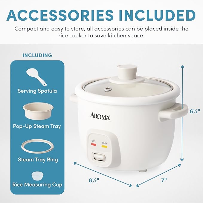 AROMA® CoreCoat Rice Cooker with Pop-Up Food Steaming Basket (4 Cups Cooked, 2 Cups Uncooked, 1 Qt)
