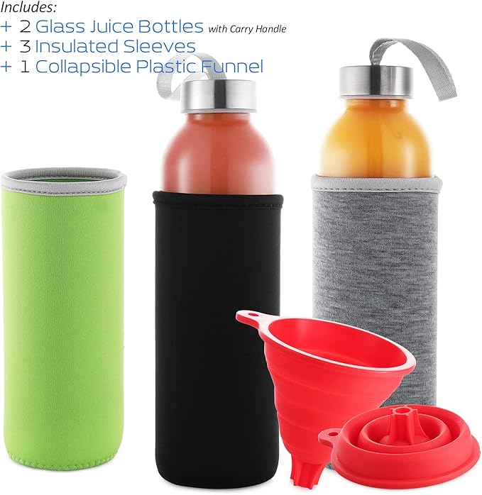 Citrus Juicer - Professional Hand Juicer Citrus Squeezer - 7 PC Juicer Press - Metal Grapefruit, Orange & Lemon Juicer Squeezer with Glass Bottles, Sleeves & Funnel - Black
