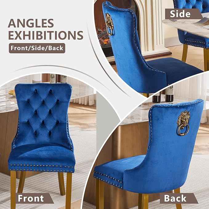 Velvet Dining Chairs Set of 2, Modern Tufted Dining Room Chair, Upholstered Dining Chairs with Lion Head Pulls Ring and Golden Solid Wood Legs, Luxury Kitchen Chairs for Dining Room, Blue