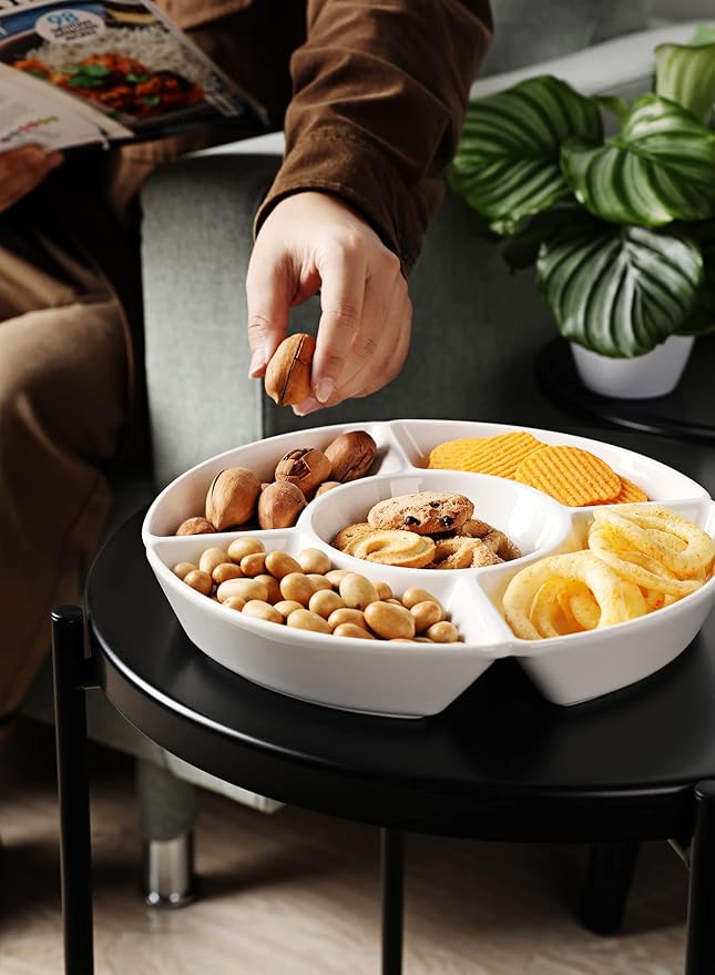 Sweese Porcelain Chip & Dip Serving Set - Divided Platter with 5 Compartments, Relish Tray for Snacks, Veggies, Candy - Durable, Microwave & Dishwasher Friendly - Elegant White Design for Parties