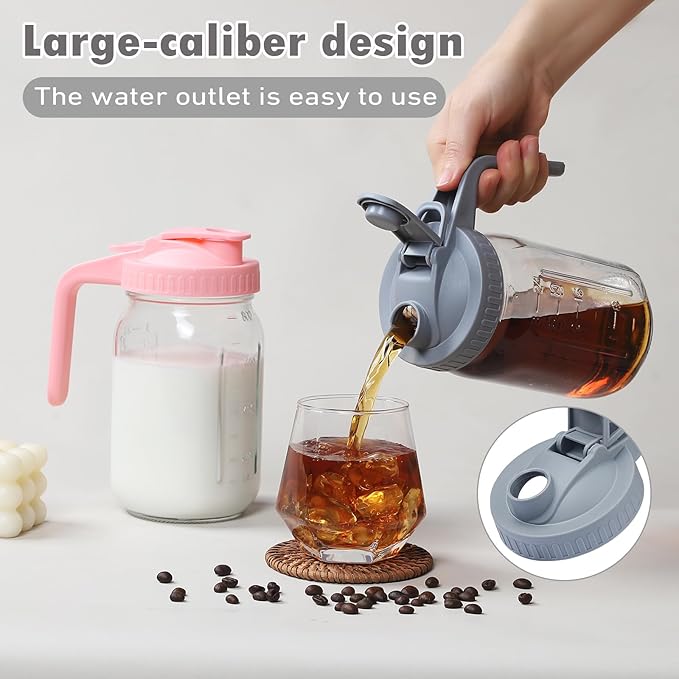 4 Pack 32oz Glass Pitcher with Lid, Double Leakproof Glass Mason Jar Pitcher with Pour Spout Lid, 1 Quart, Wide Mouth Storage Container for Breastmilk, Sun Tea, Juice, Cold Brew Coffee, Water