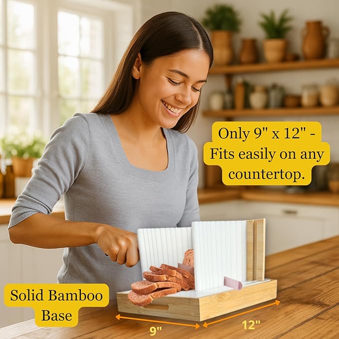Bread Slicer Guide Cutter for Slicing Homemade Bread, Sourdough, Bagel, Loaves - 3 Adjustable Thickness & Widths, Bamboo Tray, Plastic Base, Foldable Compact, Kitchen Gadget & Gifts
