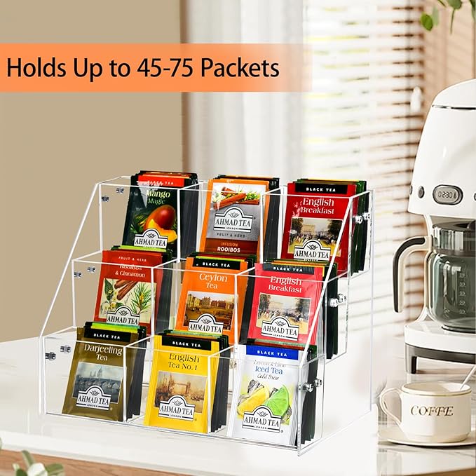 Tea Bag Organizer Holder, Acrylic Tea Packets Storage Box Container Display Stand Rack for Counter Cabinet Countertop Kitchen Office, 3 Tier