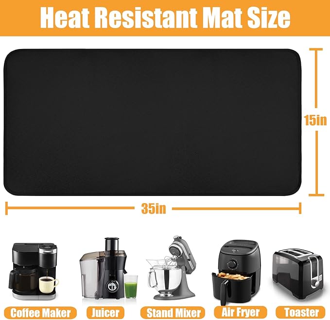 Black Extra Long Heat Resistant Mat 15x35in, Hot Pads for Countertops Under Multiple Appliances, Countertop Protector Mat for Kitchen