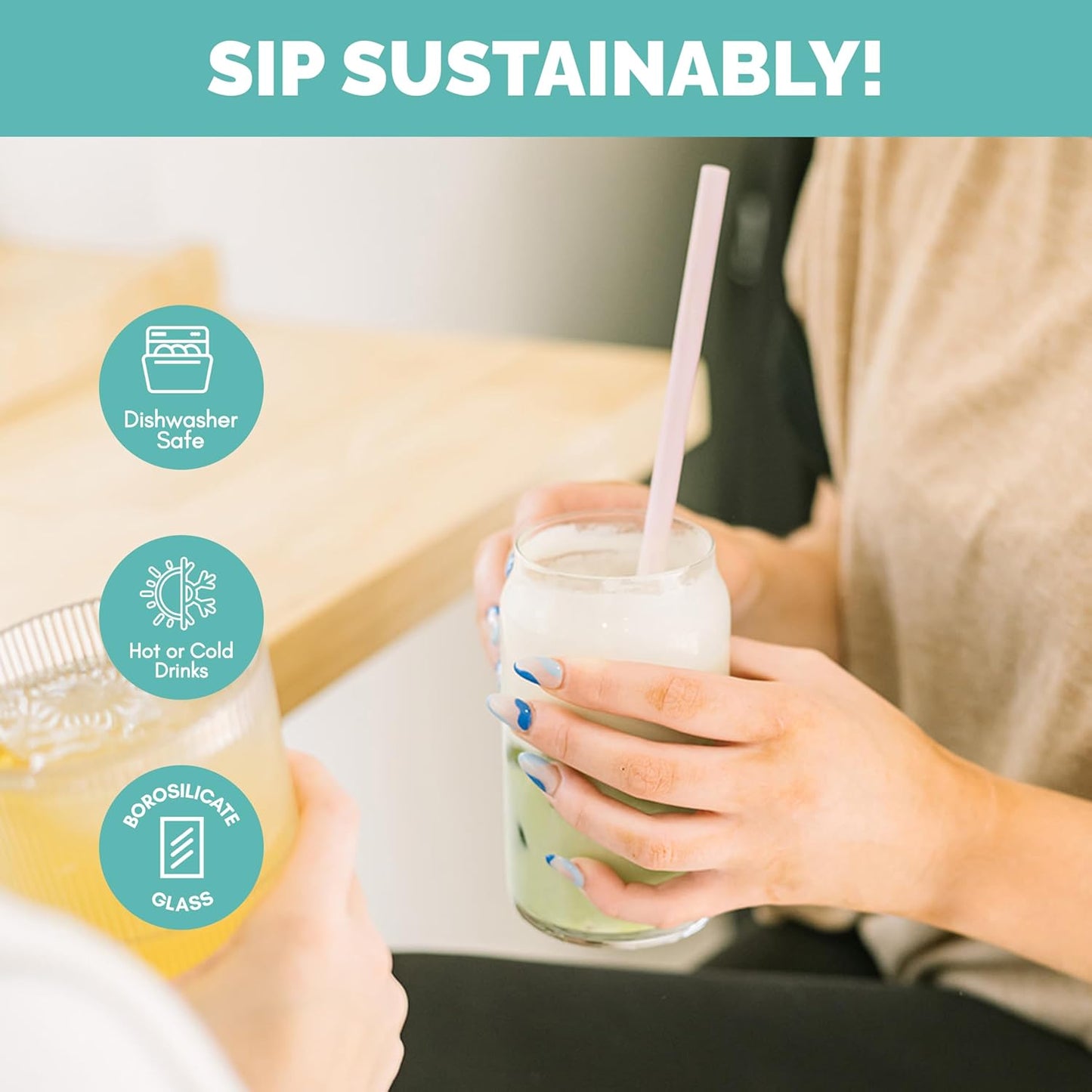 Simply Straws 10 Inch Glass Straws Straight (6-Pack) – Reusable Glass Straws for 24 Oz Mason Jars & Tumblers, with Cleaning Brush – Durable, Dishwasher Safe, Hot & Cold Use, BPA-Free (Cote d'Azur)