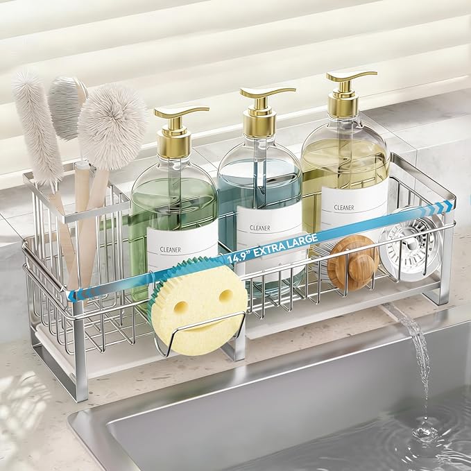 Extra Large Extendable Sponge Holder for Kitchen Sink, Rustproof Sink Caddy Organizer with High Brush Holder, Dish Soap Dispenser Organizers and Storage (Stainless Steel)
