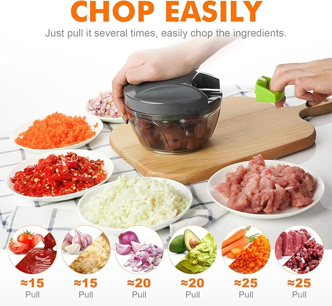 Ibergrif Manual Food Processor Vegetable Chopper, Portable Onion Chopper Garlic Mincer with Hand Pull String Cutter for for Veggies, Ginger, Fruits, Nuts, Herbs, 500ml, for Kitchen, Camping, RV, M501