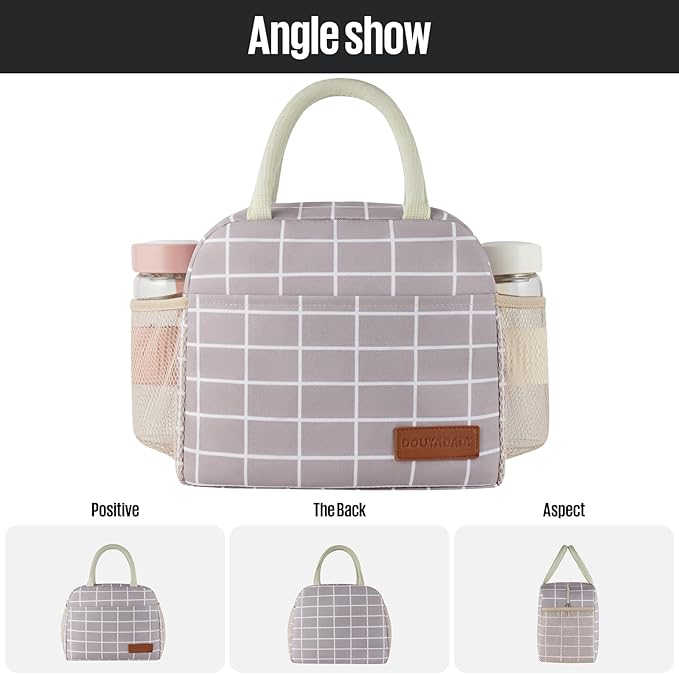 douyadady Lunch Bag Women/Men Lunch Box Women/Men (Grey+White Blocks)