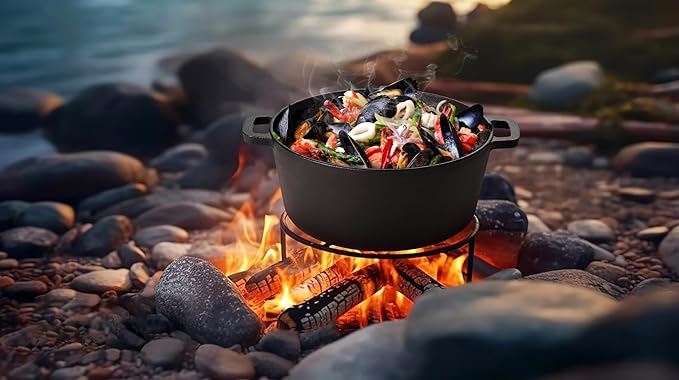 TeamFar Pre-season Cast Iron Dutch Oven with Skillet Lid, 2-in-1 Cast Iron Bread Pan Skillet Cookware with Dual Handles for Bread Baking, Frying, Camping, 5QT