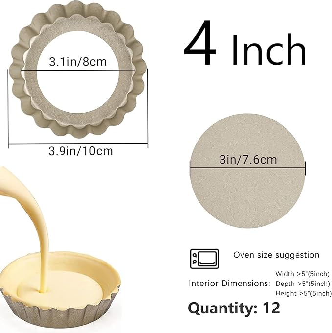 RICHSC-PAN Mini Tart Pan 12PCS, 4 Inch Tart Pan Removable Bottom Non-Stick Tin, 0.9 Inches High Suitable for DIY Making Small Tarts at Home. Champagne Gold Appearance.