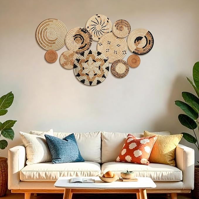 Tatuo 11 Pcs Boho Wall Basket Decor Bulrush Woven Wall Hanging Art Round Farmhouse Rustic Handmade Wicker for Summer Home, Bedroom, Living Room, Kitchen Decorations, Multi Sizes(Artistic)
