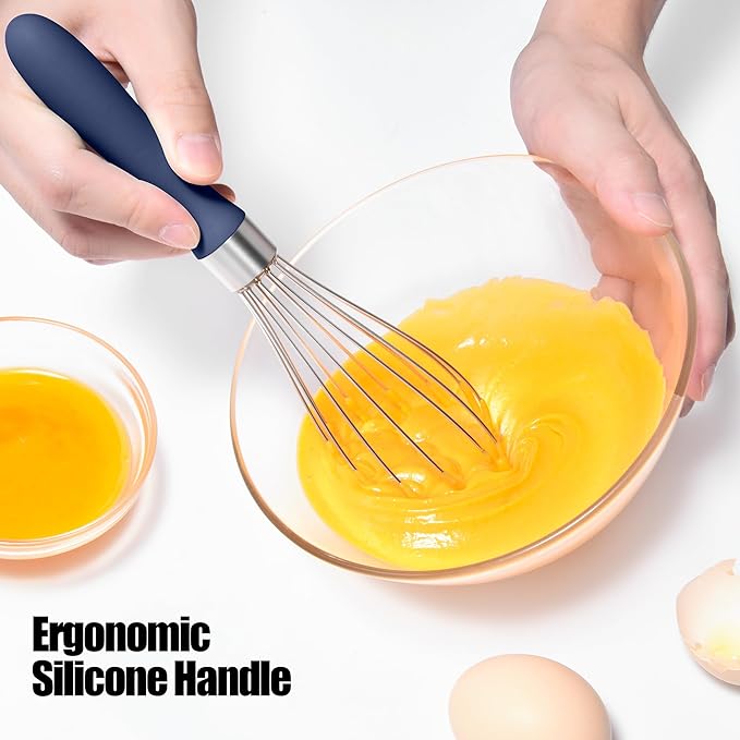 18/8 Stainless Steel Balloon Whisk, Doosu Kitchen Whisk for Cooking Handheld Egg Beater with Rust-Proof Sturdy Wires & Non-Slip Silicone Handle for Beating, Stirring, Blending (6 Wires, Navy Blue)