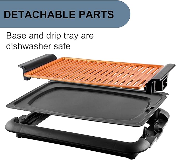 OVENTE Electric Indoor Grill with 15x10 Inch Non-Stick Cooking Surface, 1200W Fast Heat Up Power, Adjustable Temperature, Removable and Dishwasher Safe Grilling Plate and Drip Tray, Copper GD1510NLCO