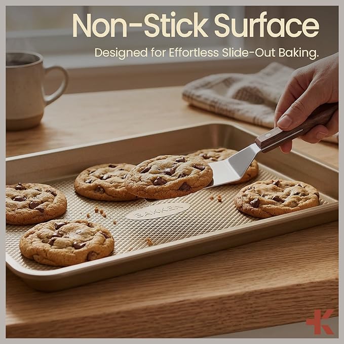 Diamond Bottom Cookie Sheet Set of 2, Nonstick Gold Carbon Steel Baking Pans for Crisp Baking, Space-Saving Stackable Trays, PFOA, PFOS, PTFE Free, Oven Safe Up to 450°F, Small & Medium Pans