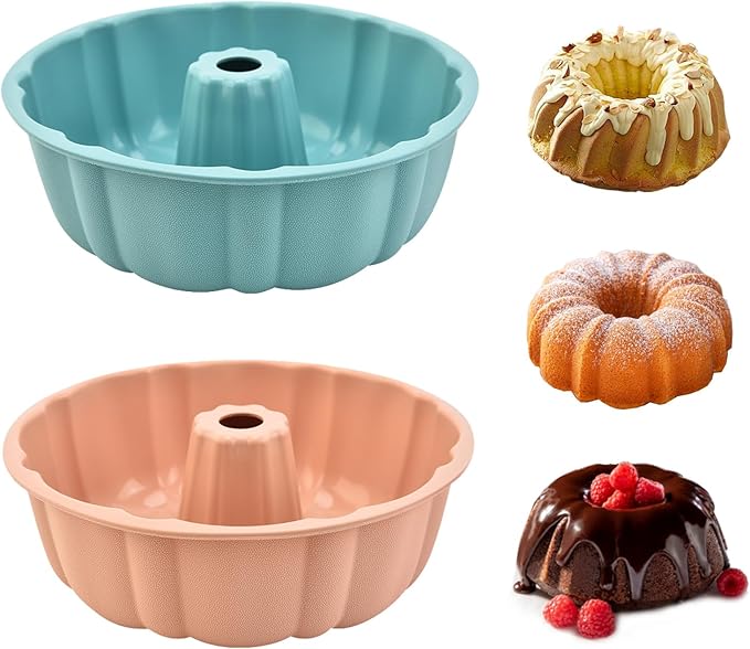 PADELE 2 Pack Silicone Cake Pan Nonstick,10 Inch, Silicone Cake Molds,Pound Cake Pan, Baking Cake Pan for Jello,Gelatin,Cake,Brownie and Bread（Pink+Blue）